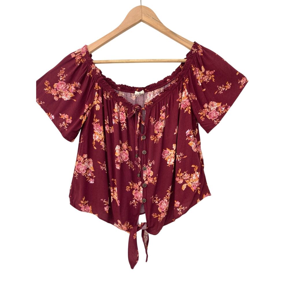 Mason and Belle Maroon Red Western Flowy Button Tie Flutter Blouse Top Medium